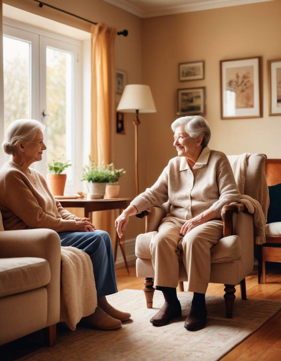 A serene, cozy living room setting where a gentle caregiver is attentively assisting an elderly person with a warm smile. The family watches from the background, looking relieved and content. Soft, natural lighting floods the room, highlighting a sense of warmth and safety. The scene exudes trust, care, and comfort. Realistic style. Warm, inviting colors.