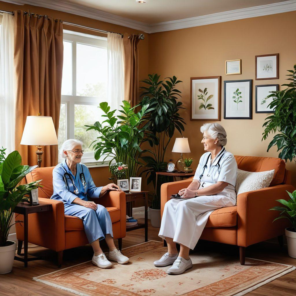 A cozy, well-lit living room with a friendly home assistant helping an elderly person with daily activities, while a nurse in uniform tends to another senior with a warm smile. Various medical supplies and care tools are subtly visible, emphasizing the comprehensive range of services. The room is filled with plants and family photos, creating a homely atmosphere. super-realistic. vibrant colors.