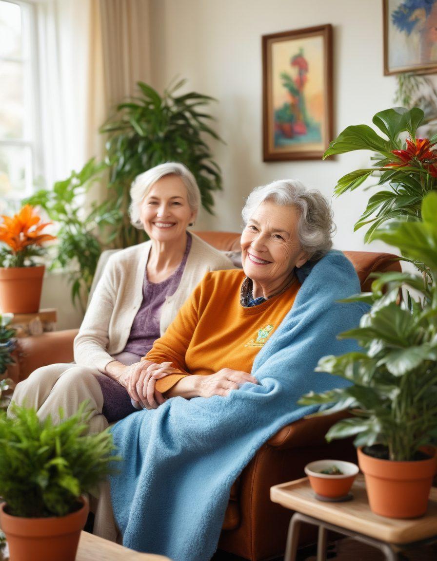 A warm and inviting home setting with a friendly caregiver helping an elderly person with daily activities. The caregiver is smiling, portraying compassion and professionalism. Include cozy elements like a well-lit living room, potted plants, and a soft blanket draped over a chair. An emblem of Griffin Home Care Services subtly integrated into the background. painting style. vibrant colors.